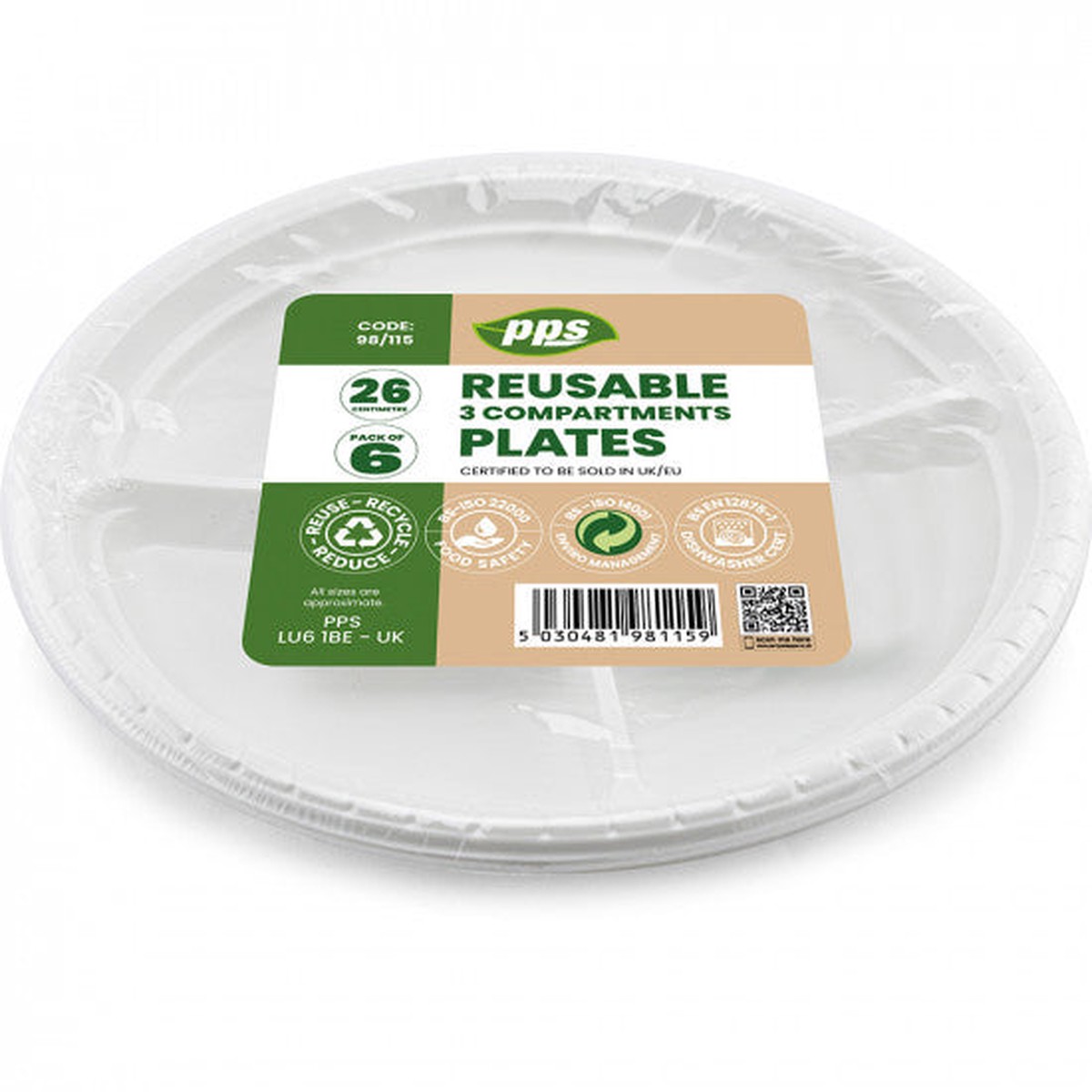 Plates Plastic White 3 Compartments 26cm - (6 Pack) - Default Title