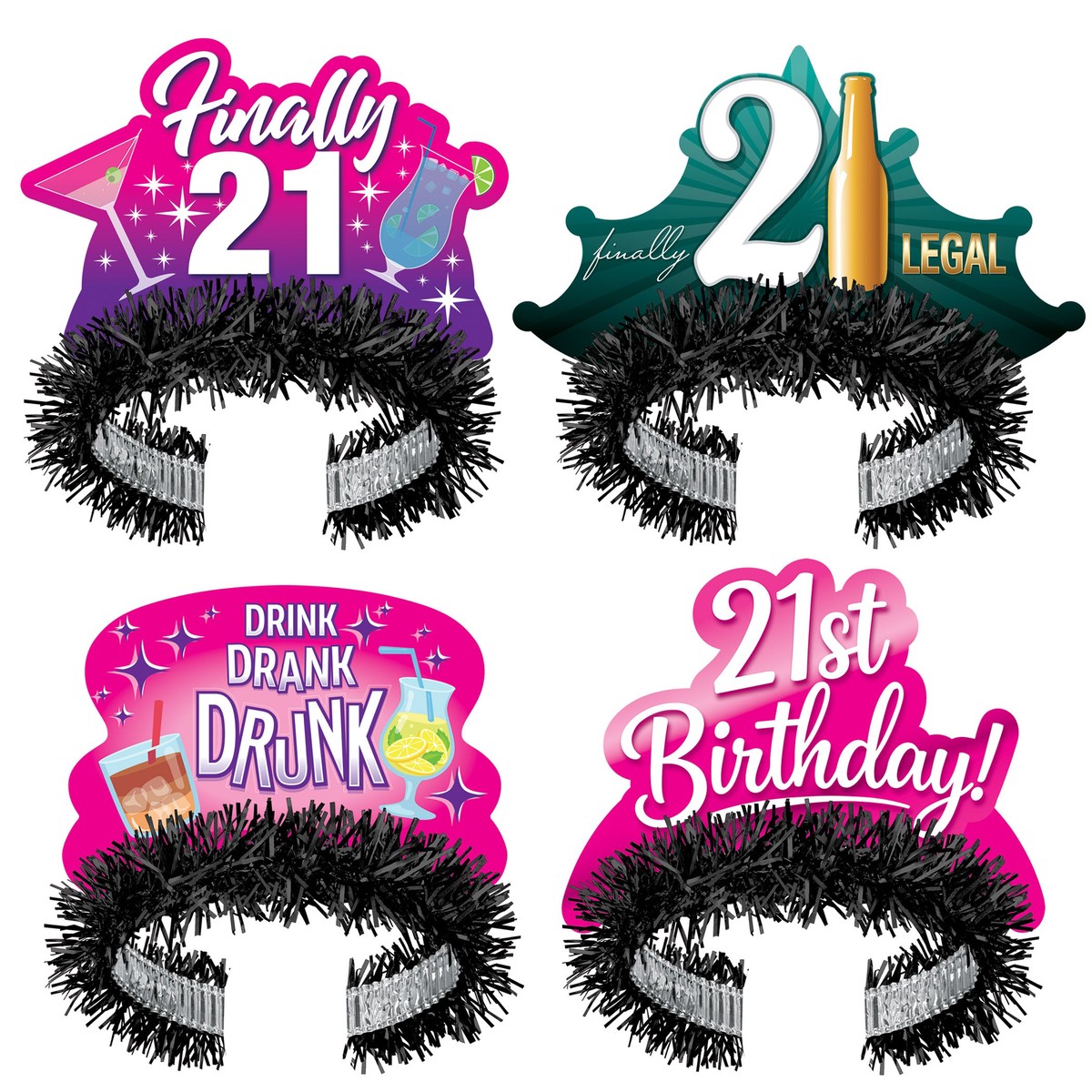 Finally 21 Fringed Tiaras (4-Pack) - Assorted Designs - Case (48 Tiaras)