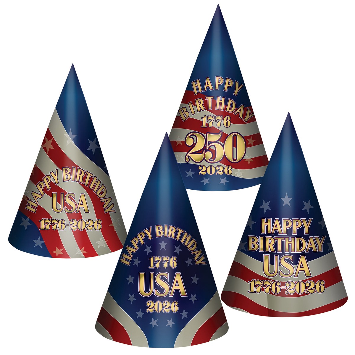 4-Pack Semiquincentennial Cone Hats - Patriotic Party Favors - Case (48 Cone Hats)