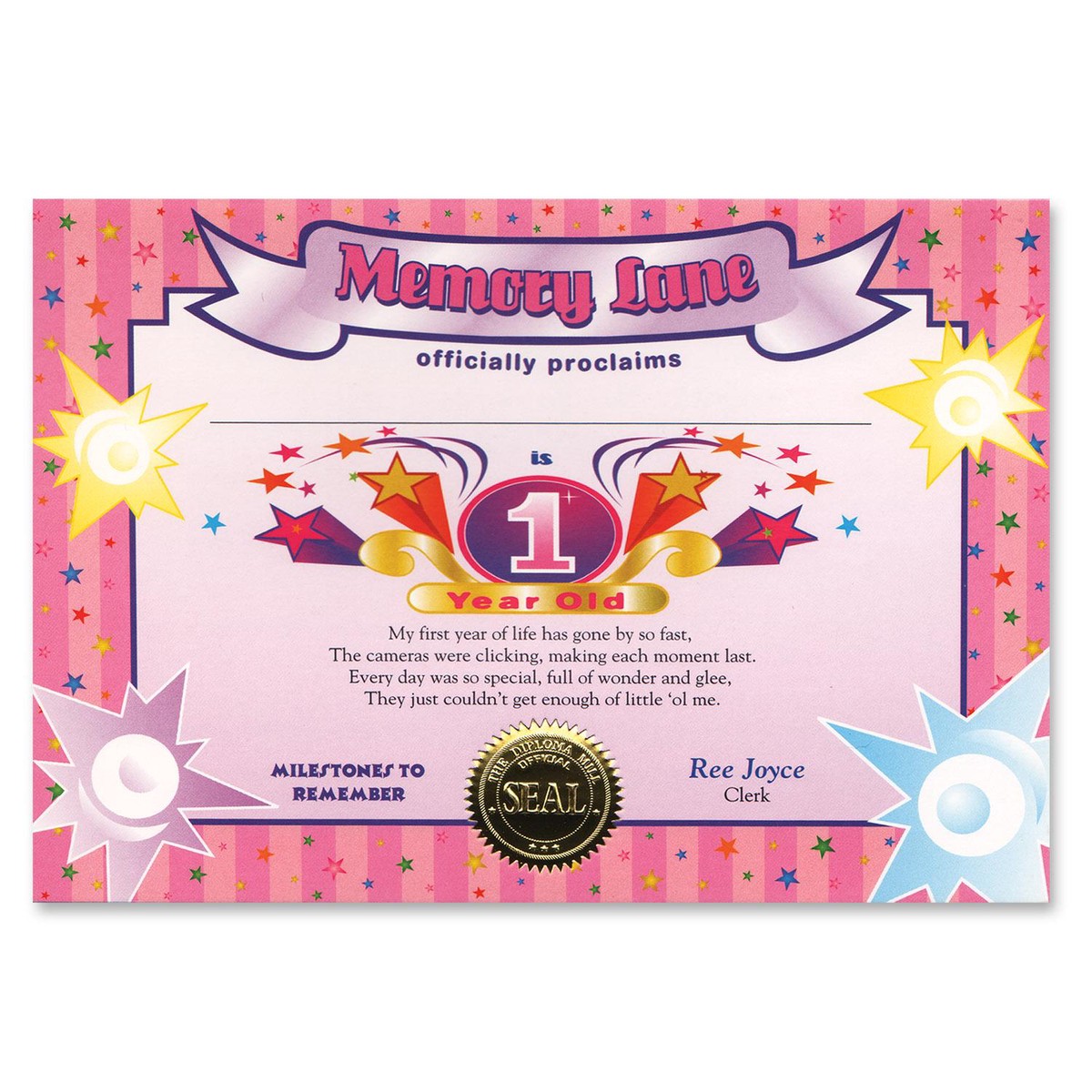 1 Year Old (Girl) Certificate - Case (6 Certificates)